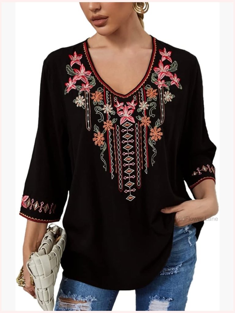 Boho Embroidered Tunic Blouse 3/4 Sleeve Peasant Top Loose Flowy